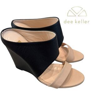 Dee Keller Willow Black Cream Women's Italian Leather Wedge Sandals 37